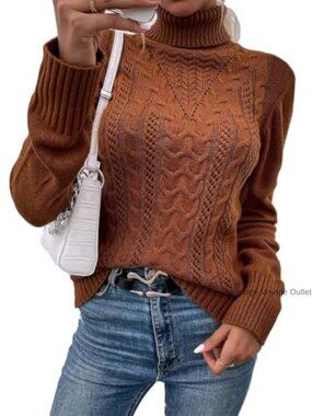 Turtleneck Cable Knit Fitted Pullover Sweater Long Sleeve Women's